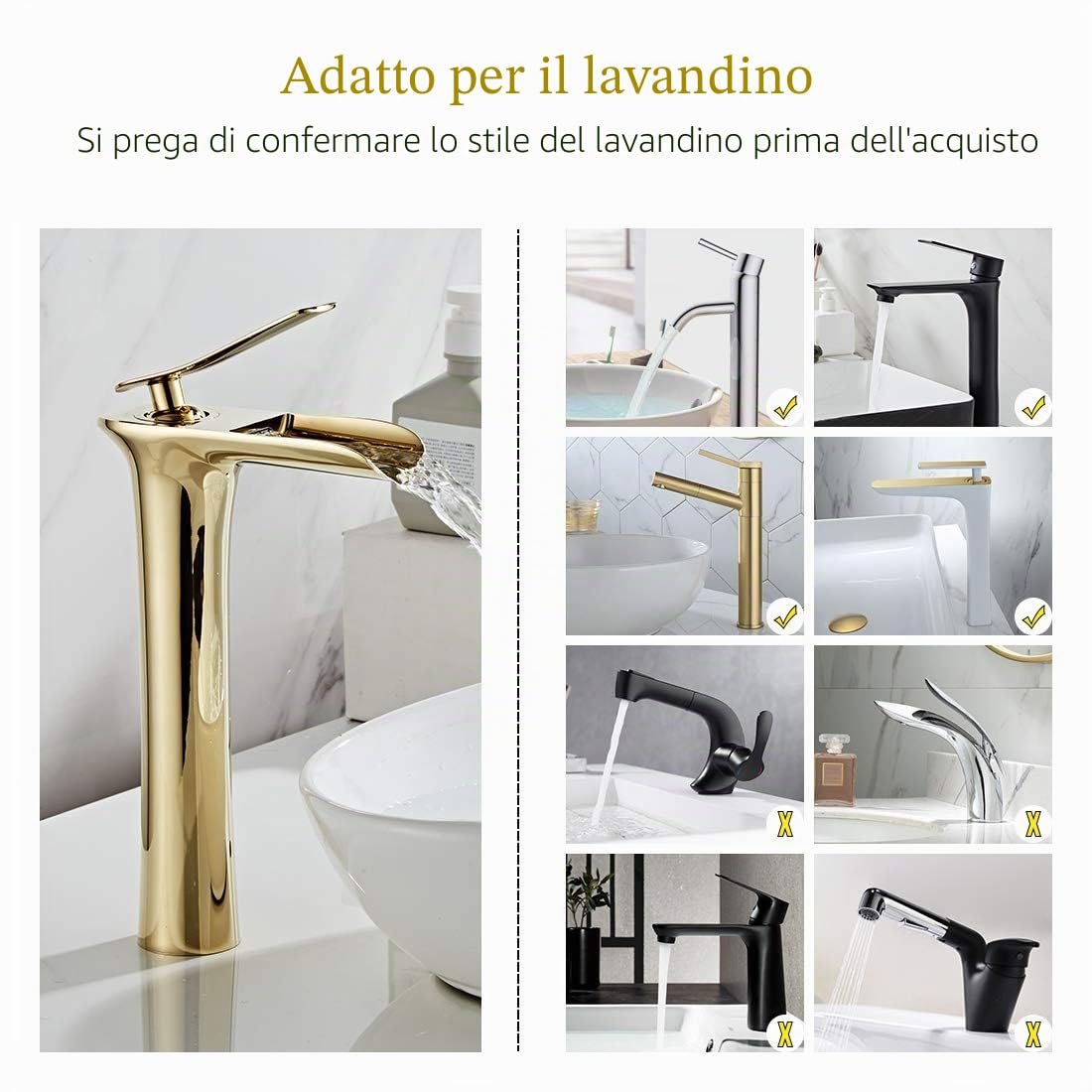 AIMADI Rubinetto Bagno Miscelatore Lavabo Alto Rubinetto Bagno Ottone Cromato, Monocomando Cromato con Beccuccio a Cascata in Oro