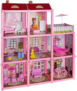 Juego de casa de muñecas grande de 3 pisos, 8 habitaciones, balcón, 22 muebles de pupas, muñeca para niñas, juego de rol, juguete educativo, color rosa 22611