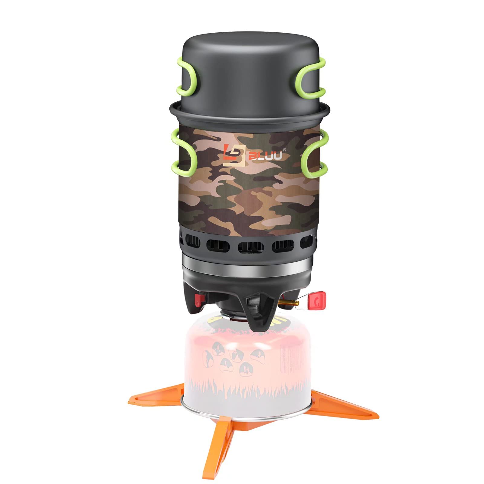 BLUU GEMINI 2-in-1 Backpacking Camping Propane Stove, Outdoor Portable Camp Gas Stoves Burner with Pot & Pan Cooking System Kit, Hiking Hunting Fishing Emergency & Survival (0.7L+0.45L)