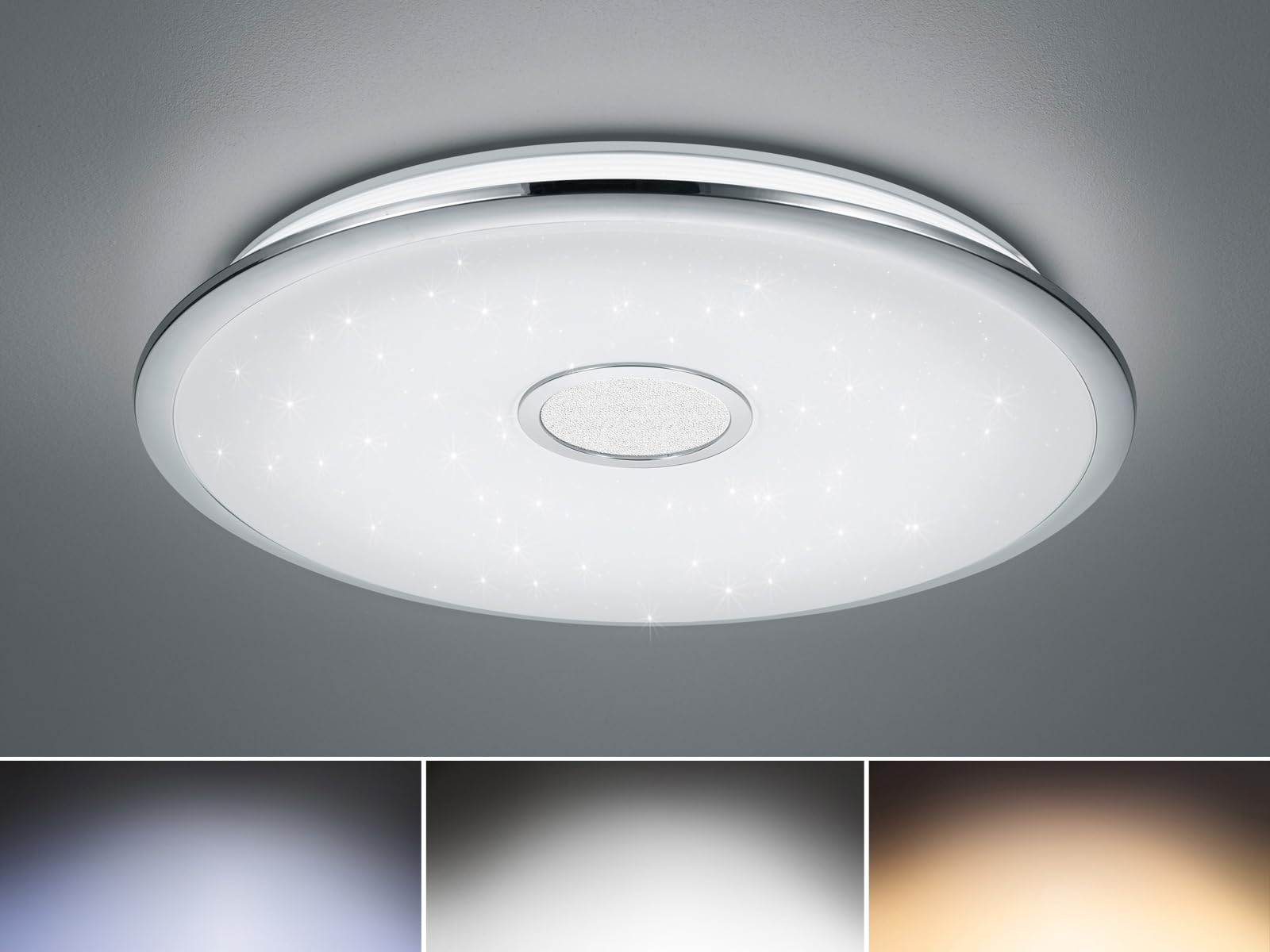 Trio Leuchten LED Deckenleuchte Osaka 678710006, Chrom, Acryl weiß mit Star Light Effekt, 100 Watt, Fernbedienung Helligkeit und Lichtfarbe einstellbar, Nachtlicht Funktion