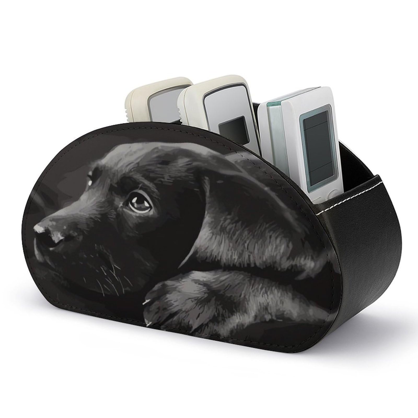 VstaDank Black Labrador Puppy Remote Control Holder with 5 Compartments PU Leather Remote Caddy Desktop Organizer Store TV Remote Control Storage Box for Home Office Desk Nightstand