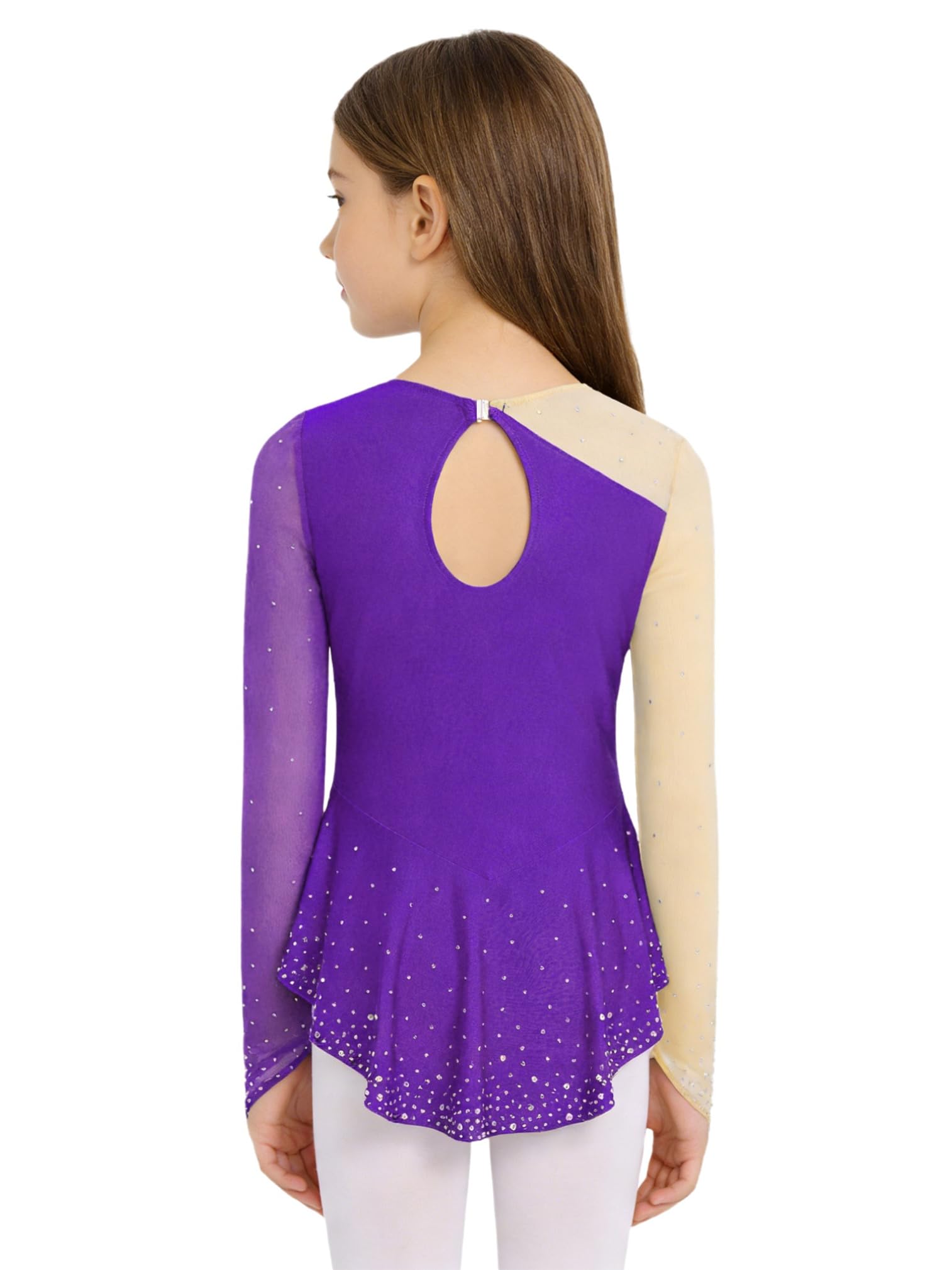 ranrann Enfant Fille Robe Patinage Artistique Manches Longues Strass Justaucorps Gymnastique Costume Danse sur Glace Patinage Tenue