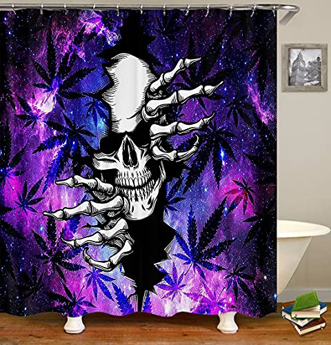 Olebety 4Pcs/Set Fantasy Purple Galaxy Weed Leaf Skull Shower Curtain, Marijuana Cannabis Leaf Nebula Space Halloween Scary White Skeleton Bathroom Decor For Men, Non-Slip Bath Rugs Mats, Climbing Out #TOP2