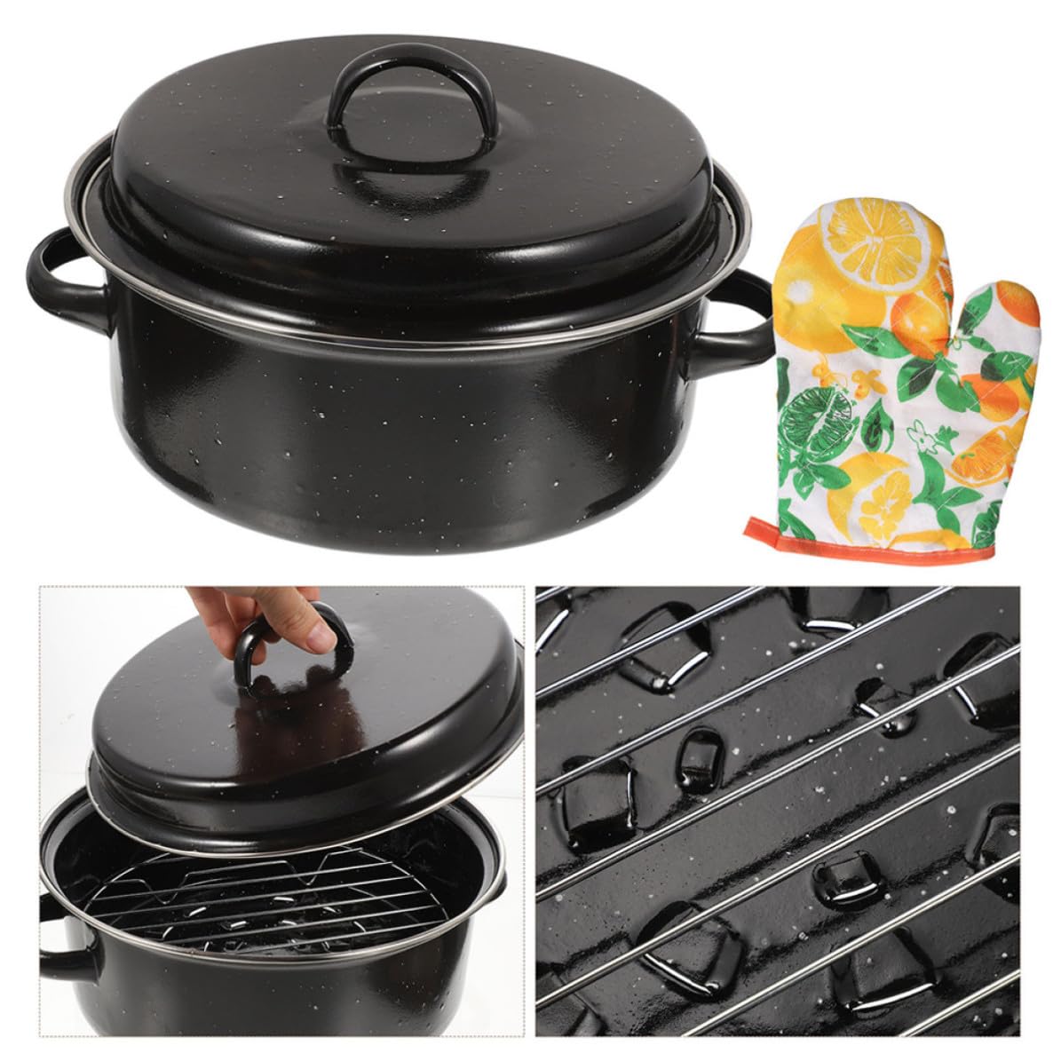 WOONEKY Emaille Kartoffeltopf aus Emaille Multifunktional Schwarz Hitzebeständig für Süßkartoffeln und Kartoffeln für Camping und Zuhause