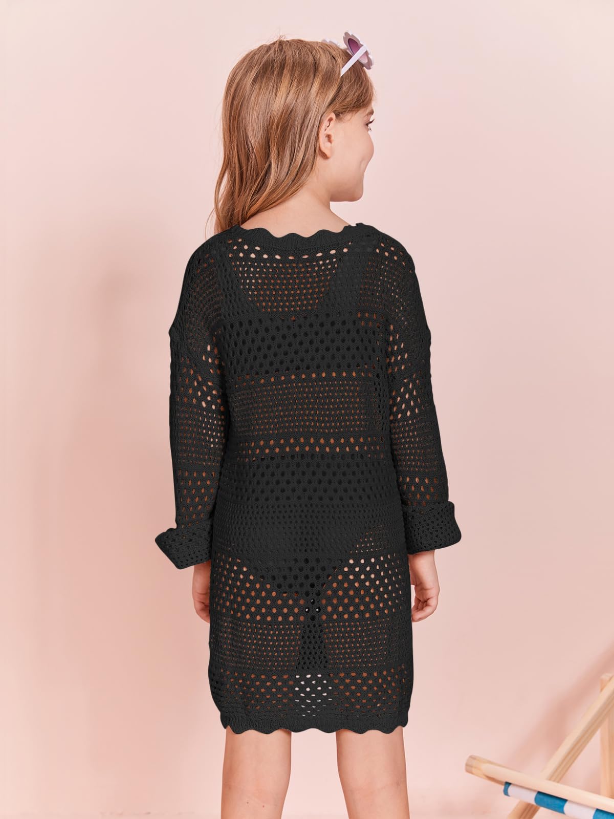 Batermoon Traje de baño de manga larga de ganchillo para niñas, vestido de playa para niñas de 5 a 14 años