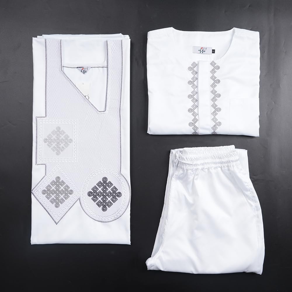 HD African Mens Traditional Heritage Culture 3 Pieces White Outfit Nigerian Man Agbada Embroidery Boubou Caftan Pants Clothes Set 3XL - Image 3