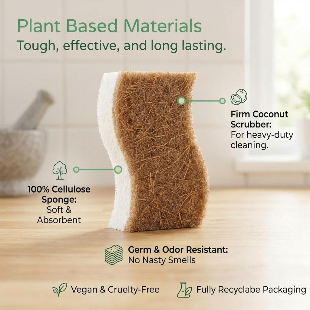 12-pakietowe naturalne gąbki do mycia naczyń, brytyjskiej marki Eco Friendly, ekologiczne gąbki do czyszczenia naczyn kuchennych, kompostablene gąbki z celulozy i kokosu oraz ścierki, biodegradowalne