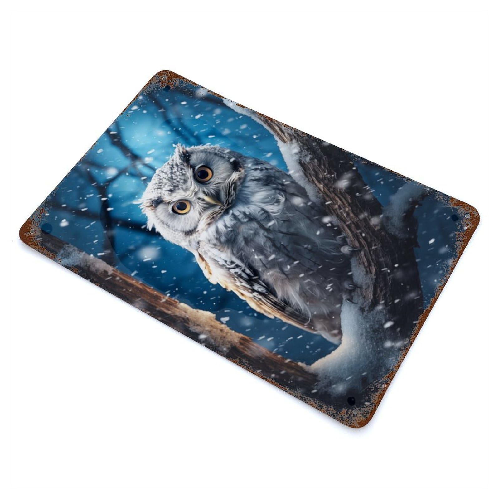 White Owl in Snow Distressed Metal Wall Sign 11.8"x7.9", Ideal for Garage, Bar And Workshop Decor