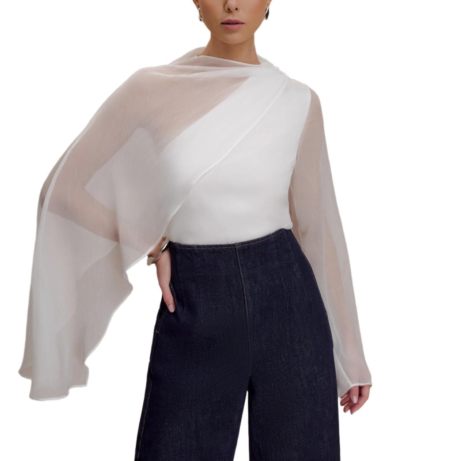 Blouse Pour Femmes À Manches Longues Fluides Coupe Slim Mode Sexy En Résille Châle Asymétrique