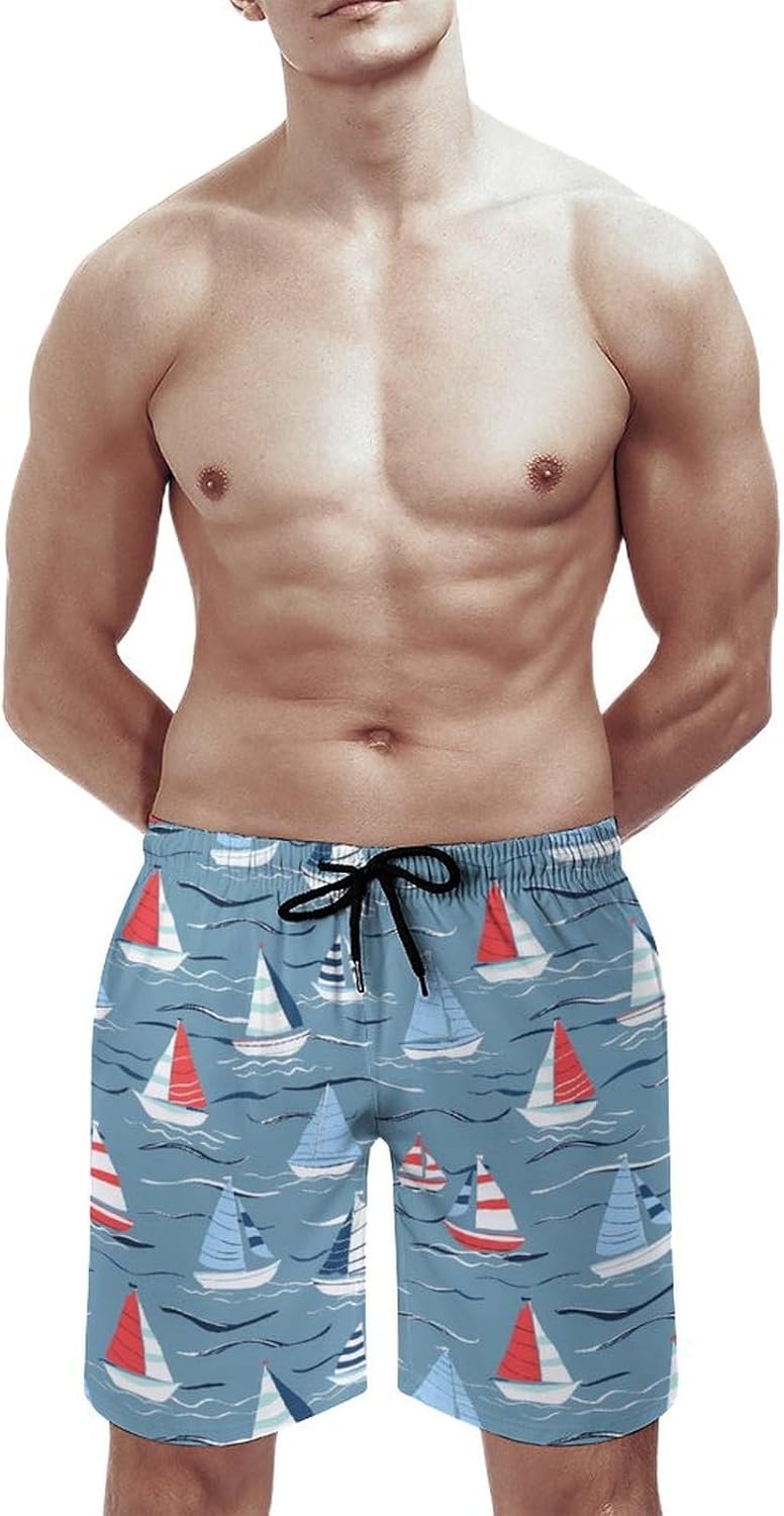 Ocean Boats Casual Men's Swim Trunks Novelty Summer Beach Shorts Swimwear with Pocket