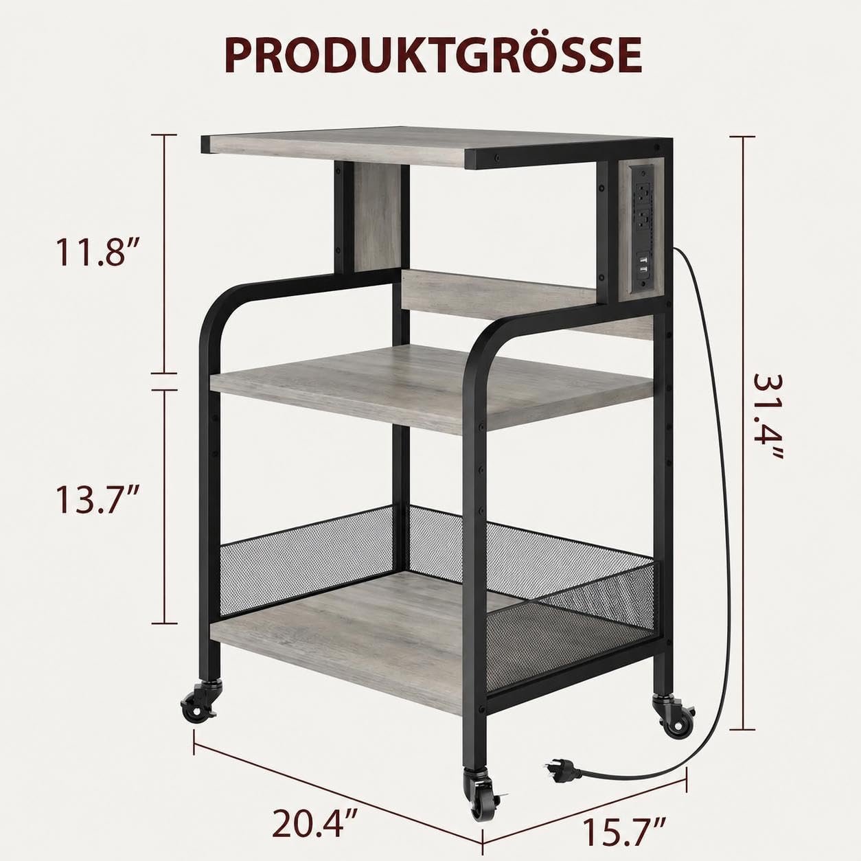 Druckertisch mit Rollen, Druckerständer aus Eisen & PB-Platte, stabiler Druckerwagen mit Ablagefläche 79x52x40 cm, mobiler Bürowagen für Drucker, Laptop, Ordner – für Büro, Homeoffice, Schule（Grau）