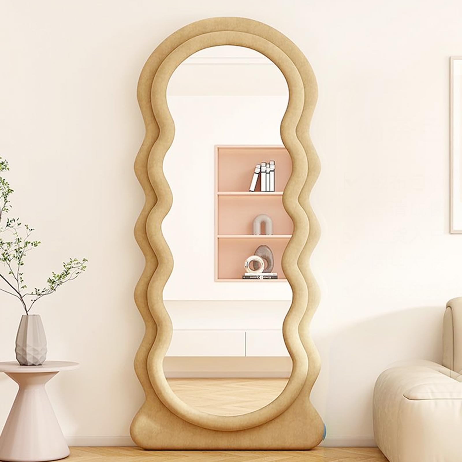 CEIEVER Irregular Wavy Mirrors, Full Length Mirror 160x60 CM Arch Floor Standing Mirrors Asymmetrical Mirror for Living Room,Bathroom,Bedroom,Entryway Wall Decor (Milk tea color)