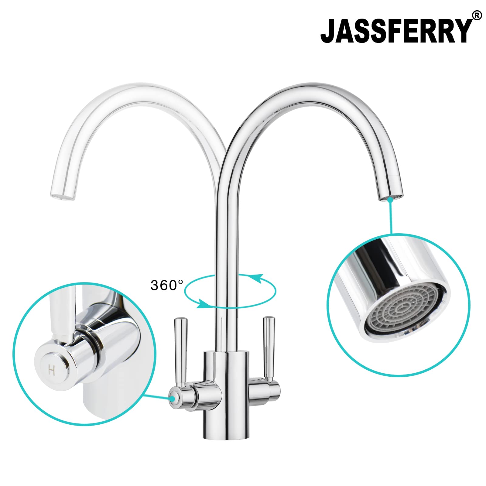 JASSFERRY - Grifo Monomando para Fregadero de Cocina Hogar y Cocina (dos asas, cuello de cisne, redondo, cromado pulido)
