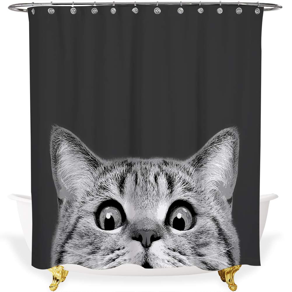 Cat Shower Curtain,72-inch Fabric cutains for Bathroom Decor,Baby Shower Decorations for boy,Grey Funny Cat on Black Cloth,Cute Stall Bath Curtain,Unique 3D Art Print,(72 x 72,Gray Cat)