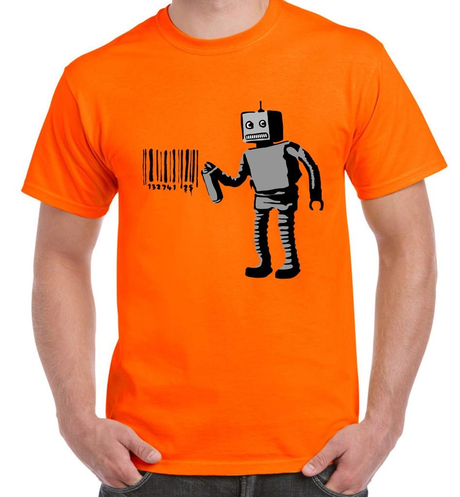 Tribal T-Shirts Men's Orange Banksy Robot Barcode T-Shirt (Large, )