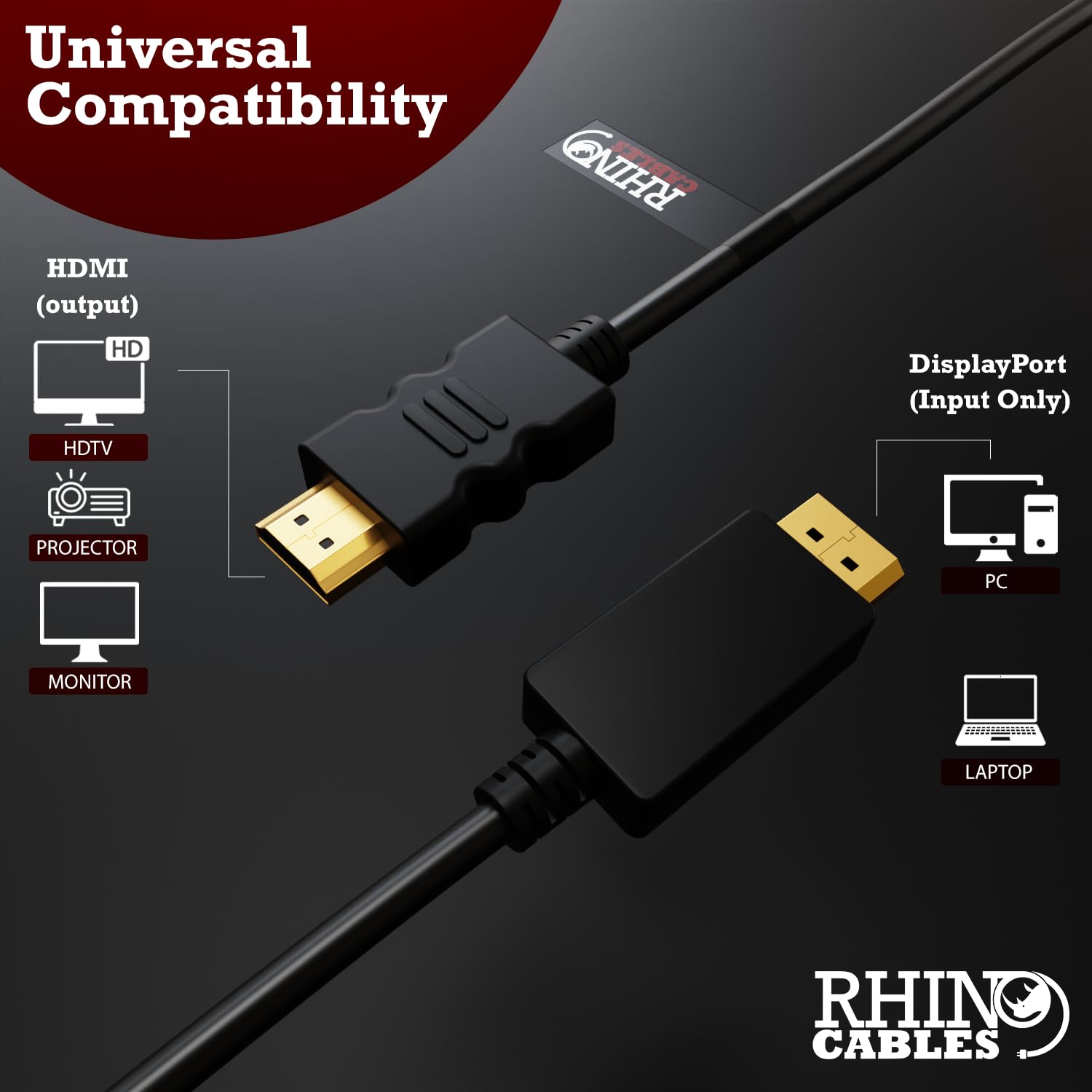 rhinocables - DisplayPort to HDMI Cable, Black, 2m - Image 2