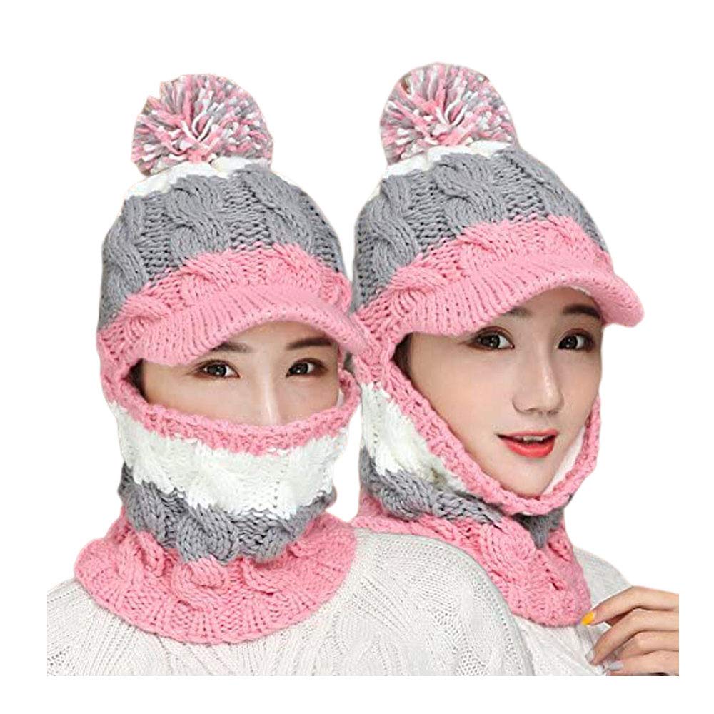 2 In 1 Women Winter Pom POm Hats Knit Warm Hat Infinity Scarf Neck Warmer Circle Scarves Cap Hat Set (Pink & Grey)-(Pack of 01)-image-1