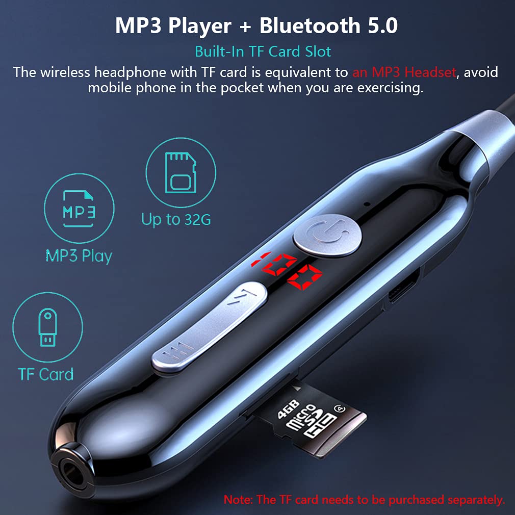 Bezprzewodowe słuchawki Bluetooth z opaską na szyję, magnetyczne, sportowe słuchawki douszne z wyświetlaczem poziomu baterii, obsługa karty TF, miękkie, bezprzewodowe słuchawki stereo do