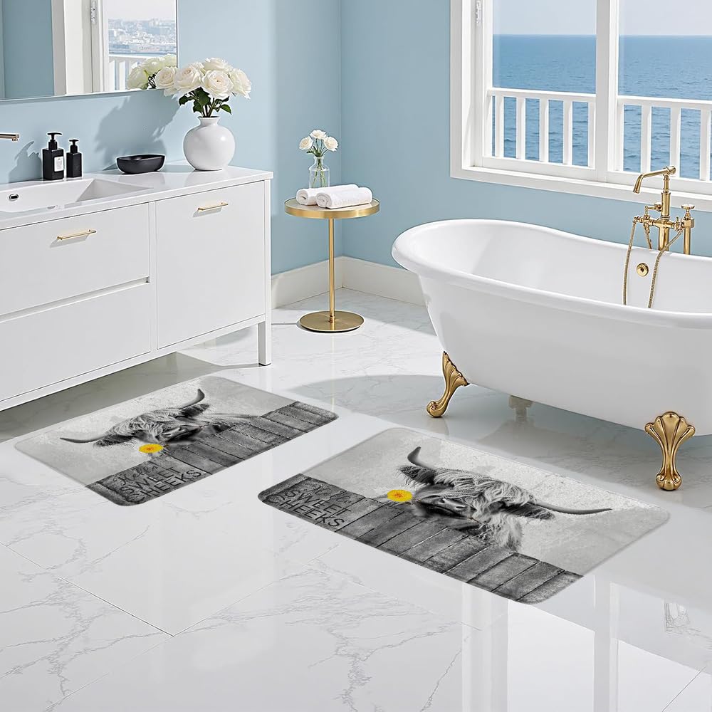 ZZYSKS 2 Pieces Set Highland Cow Bath Mat Rustic Farmhouse Animal Funny Cute Cattle Bull Sunflower Flower Western Country Barn Wood Board Bathroom