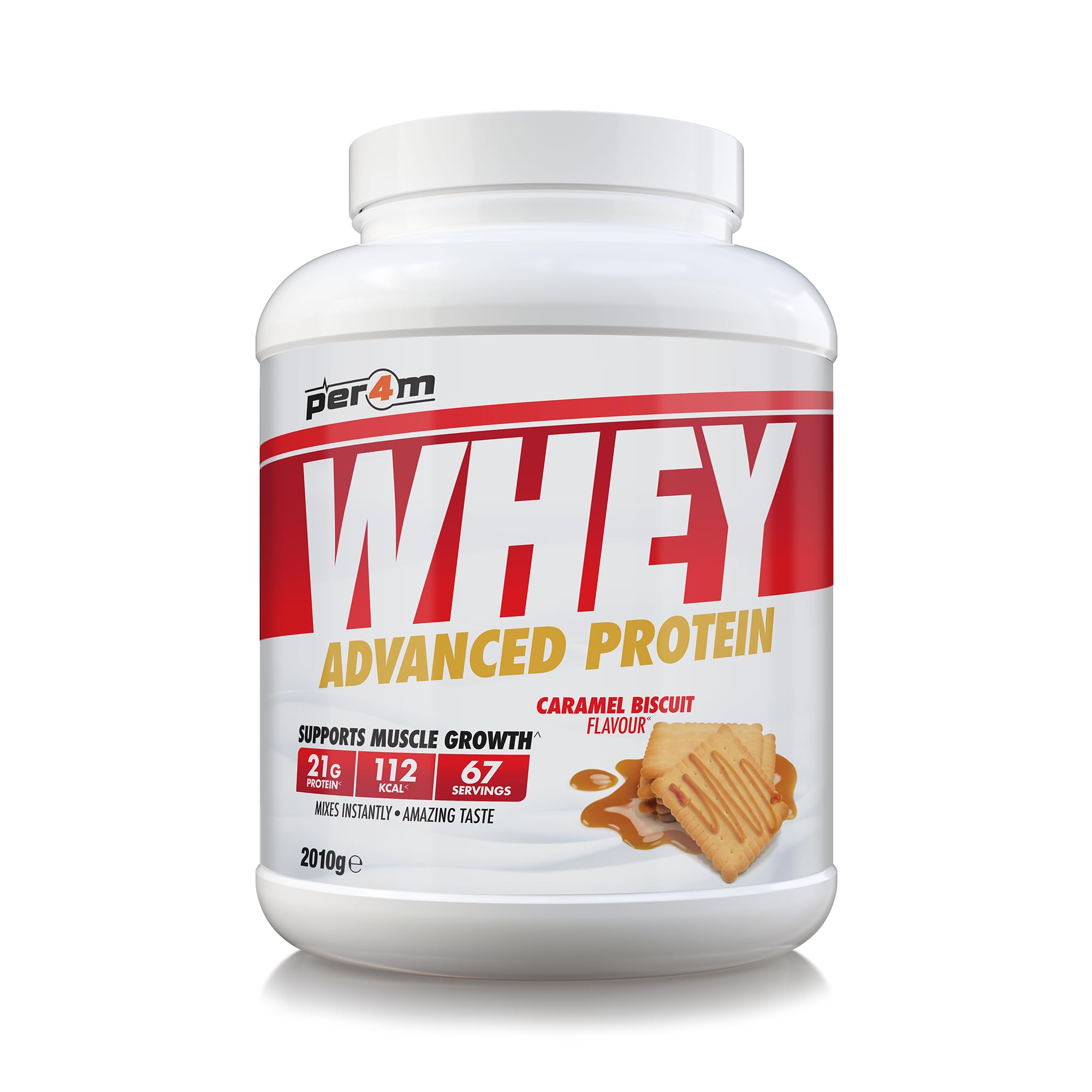Per4m Whey Protein Powder | High Protein Shake for Muscle Growth & Recovery | Low Sugar Gym Supplement | Sports Nutrition Drink + Amino Acids (2010g, Caramel Biscuit)