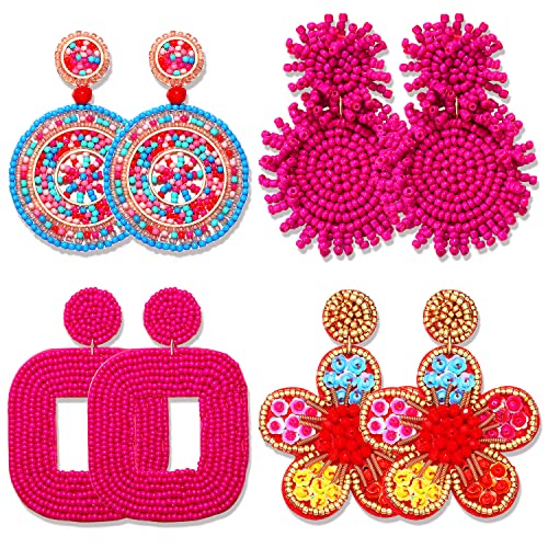 4 Pairs Beaded Earrings for Women Boho Geometric Beaded Dangle Earrings Statement Pineapple Flower Drop Earrings Colorful Summer Earrings Set Jewelry Gift