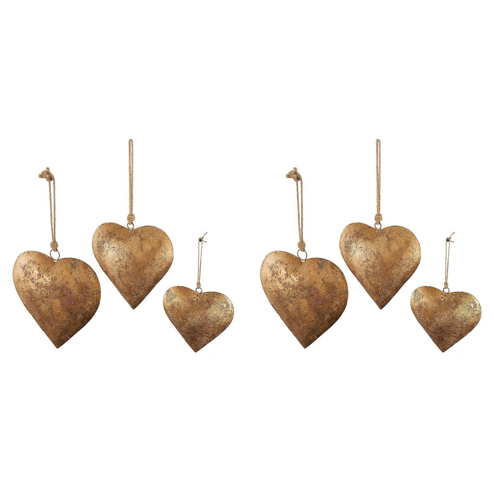 Lot de 2 cloches décoratives coeur en métal 3D laiton vieilli avec corde de suspension