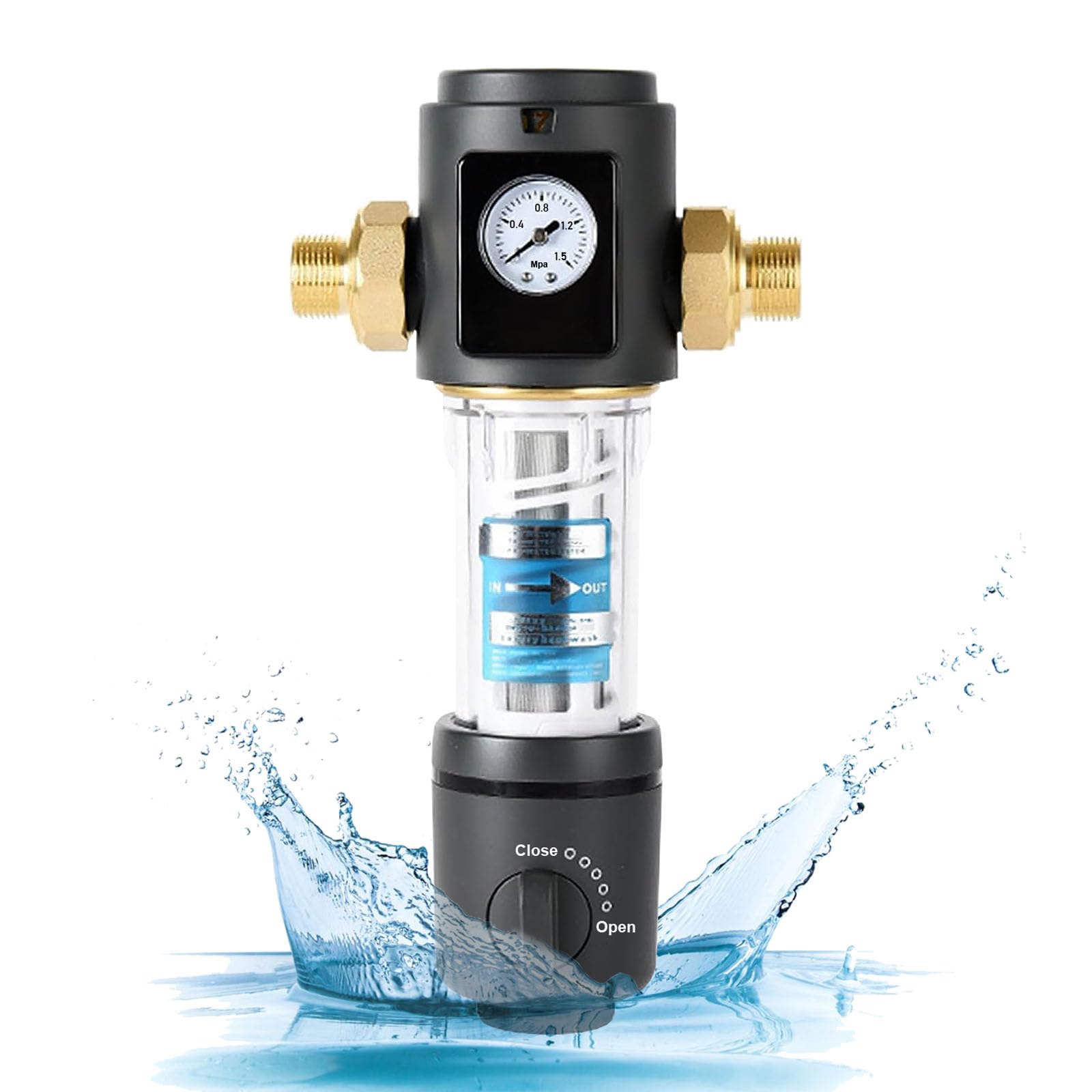 Filtro di risciacquo con manometro, filtro dell'acqua, collegamento domestico, 1/2 pollici, filtro dell'acqua per casa, precisione di filtrazione riutilizzabile, 40 micron, flusso di esportazione