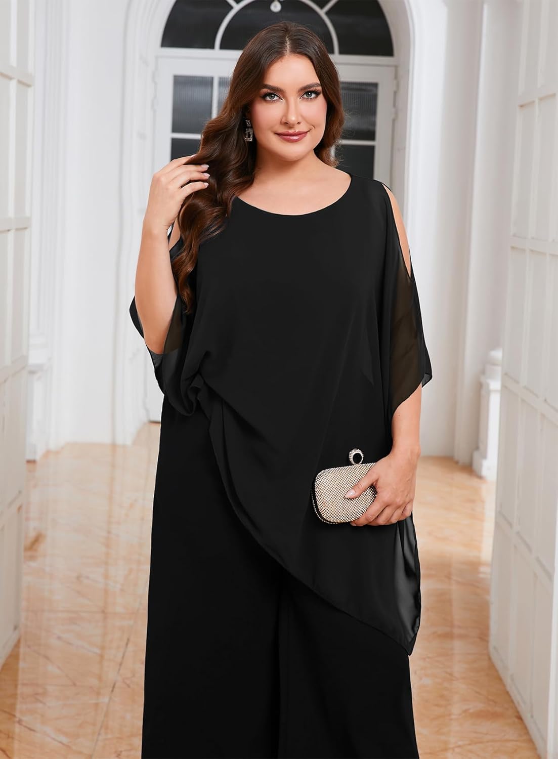 ZOMVA Plus Size Mother of The Bride Pant Suits Dressy 2 Piece Asymmetric Cape Set with Pockets Wedding Guest Outfit - Image 2