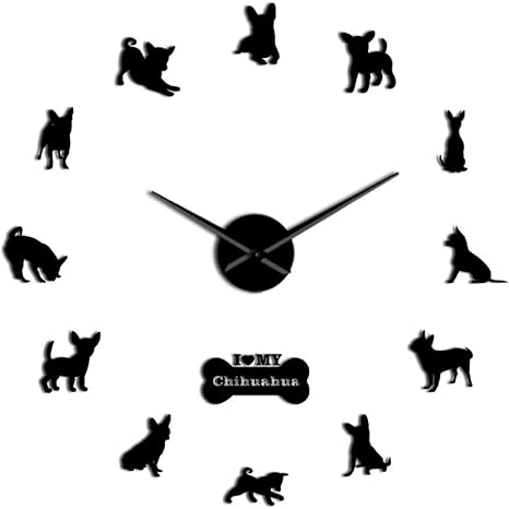 Amazon Co Jp リビングルームの壁時計犬の品種チワワdiy大きな時計の針が付いている3dアクリル壁時計ミラー効果番号ステッカー犬 ペット巨大な壁時計オフィスの寝室に適しています ホーム キッチン