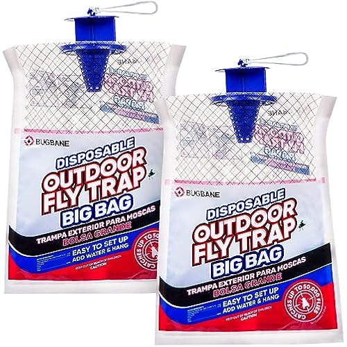 Fly Traps Outdoor Fly Trap for Patio. 2 Large Non-Toxic Pre-Baited Flies Bags Outdoor Disposable. Big Hanging Bug Catchers for All Filth Flies Killer for Outside Bug Control in Yard Horse Ranch.