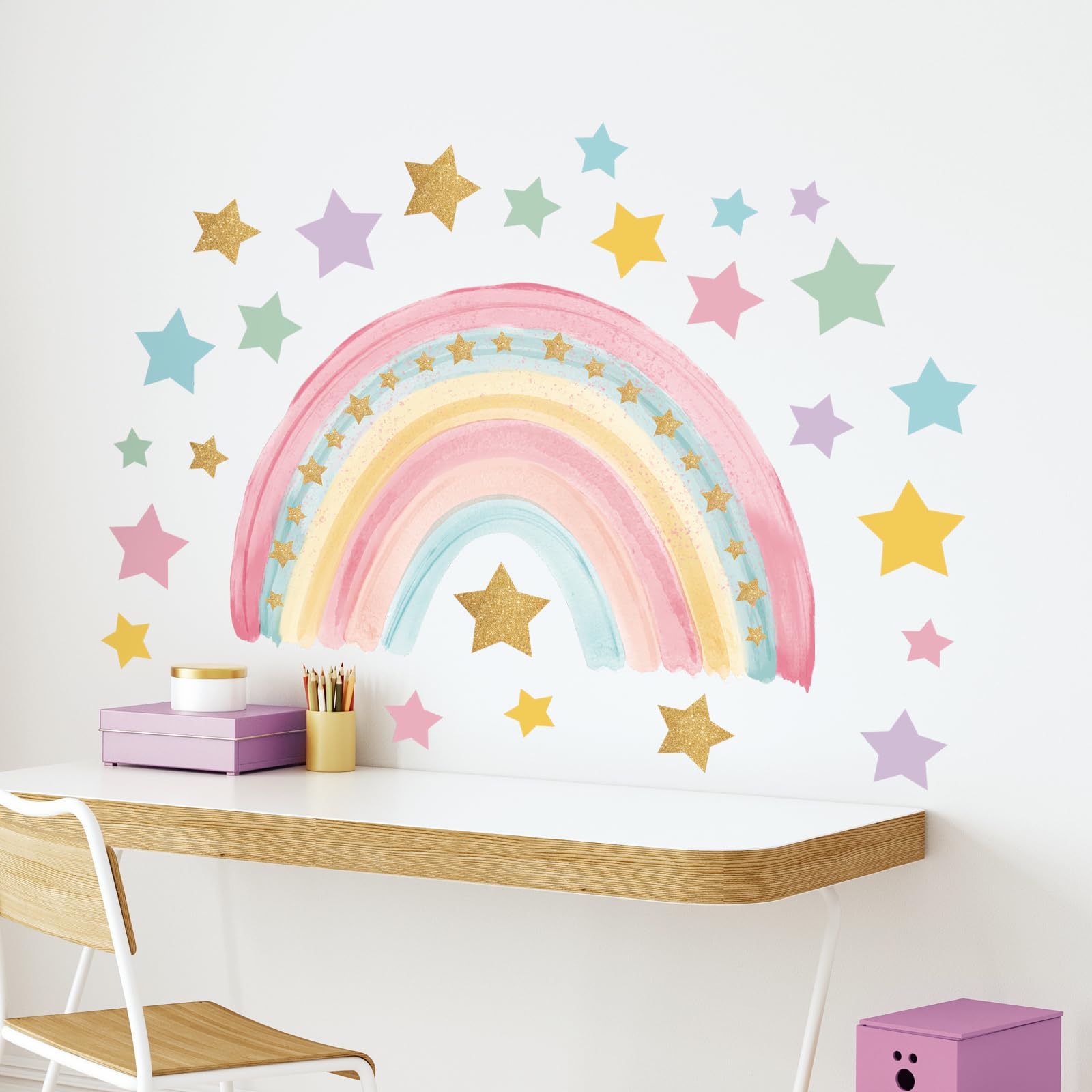 Tanlaby Large Rainbow Wall Stickers Boho Rainbow Wall Decal Colorful Stars Vinyl Wall Art Sticker for Girls' Room Kids Baby Nursery Bedroom Living Room Playroom Classroom Wall Decor - Image 4
