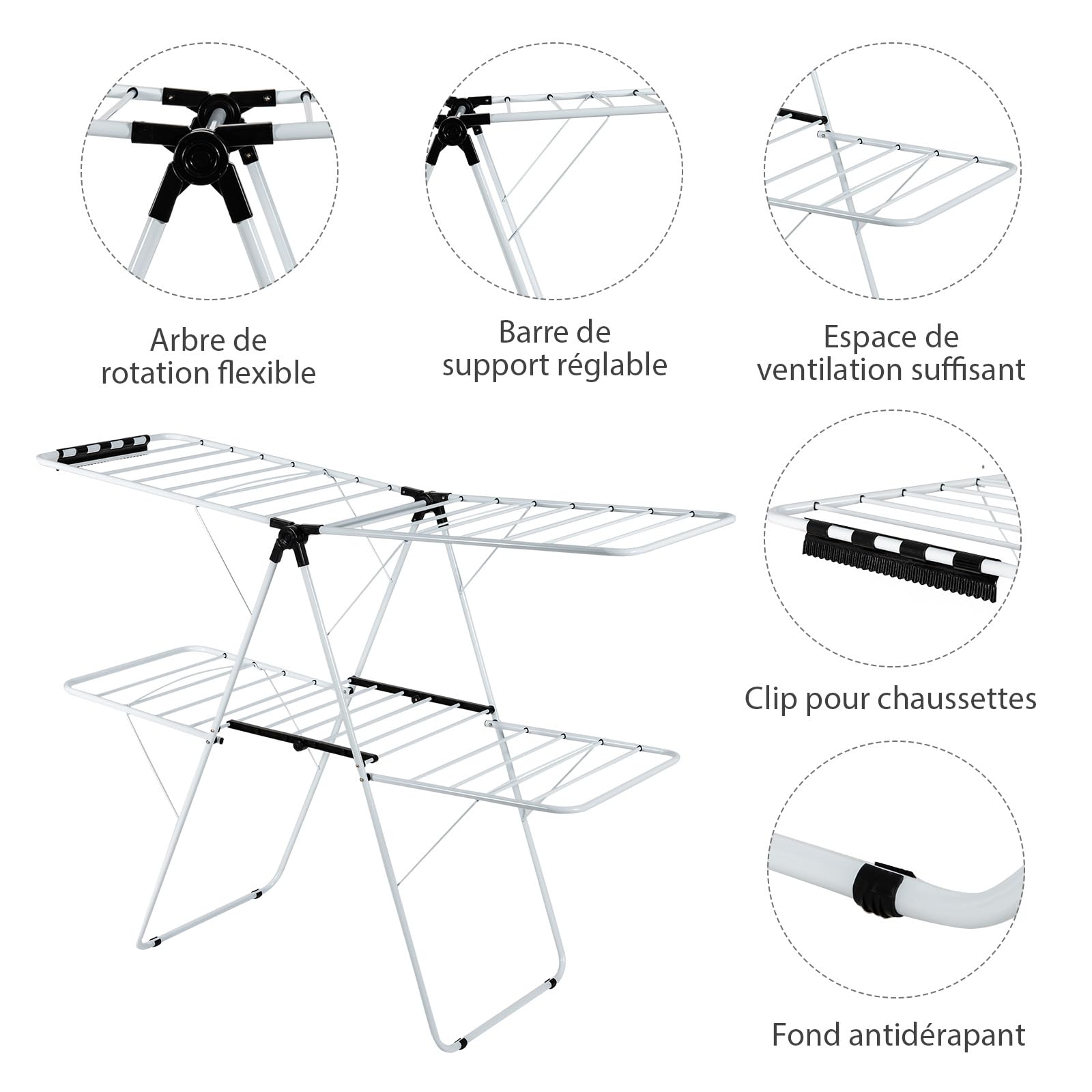 COSTWAY Sechoir à Linge Pliable, Etendoir Linge Interieur en Acier 2 Niveaux, Tancarville Linge Solide avec 33 Barres, 26 Pinces à Chaussettes, Seche Linge Intérieur Extérieur