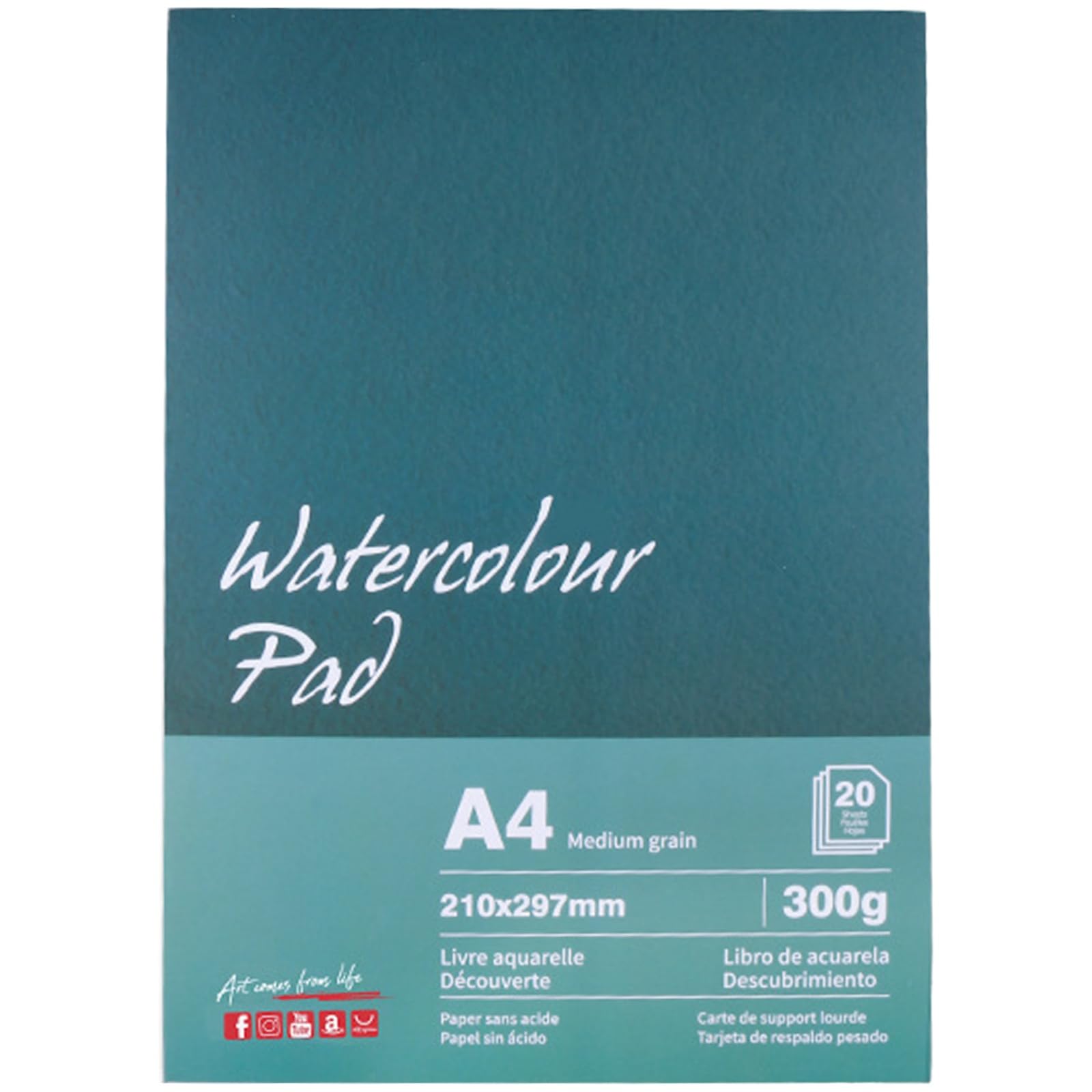 Blok papieru akwarelowego A4, 300 g/m², 20 arkuszy, jednostronnie klejone, z celulozą bawełnianą, bezkwasowy, gruby papier akwarelowy tłoczony na zimno do akwareli i malowania kredkami