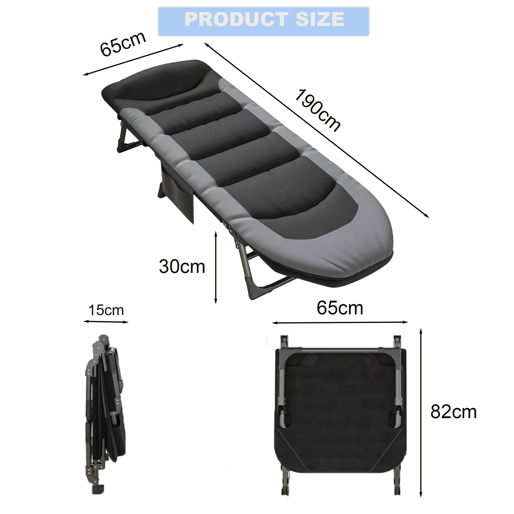 Letto pieghevole XXL, lettino da campeggio e da campeggio con schienale regolabile in 6 posizioni, letto pieghevole con materasso, lettino da carpa, 190 x 65 x 30 cm, fino a 200 kg, letto per