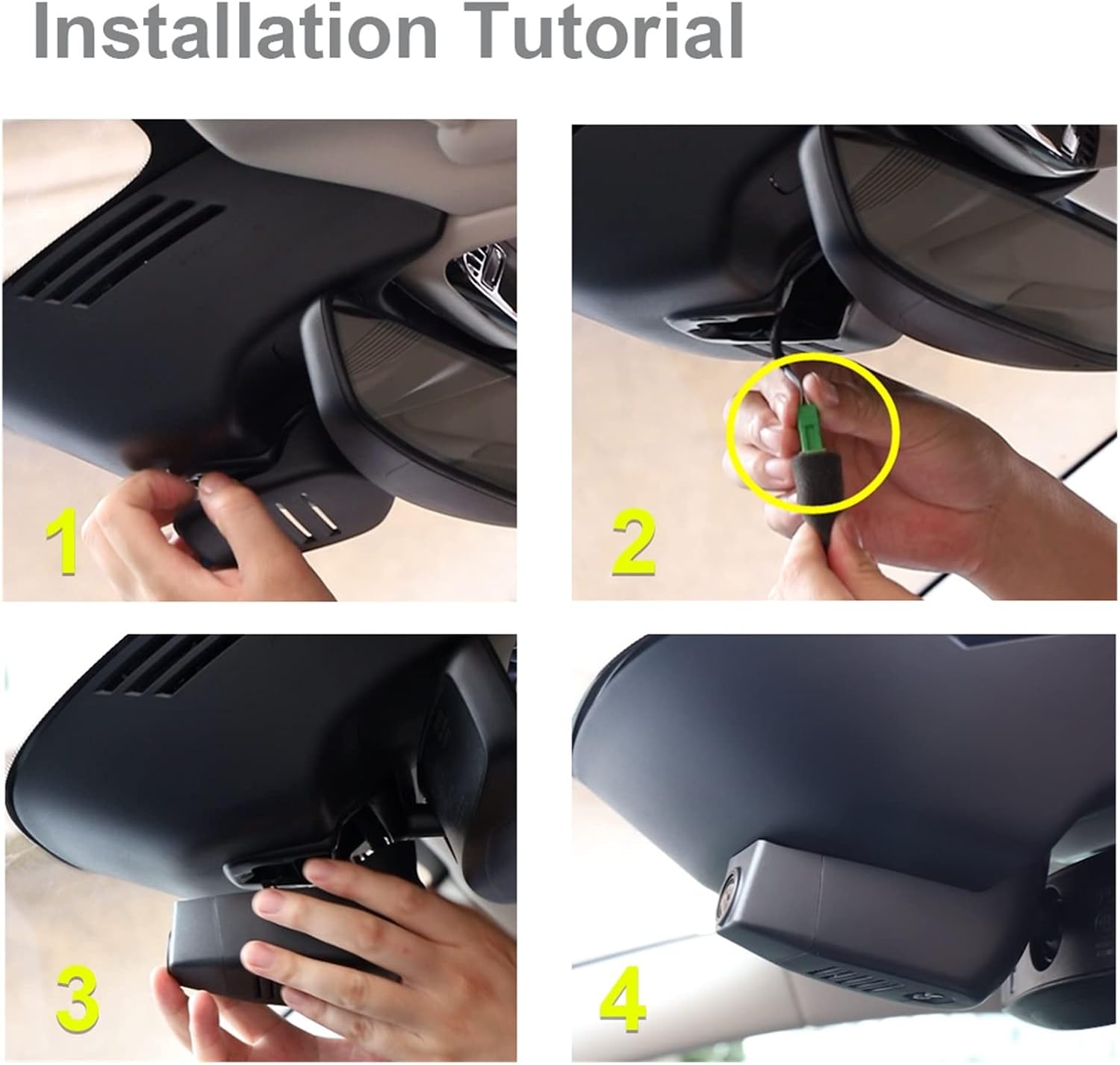 Before and after comparison of the rearview mirror area, showing the original cover and then the integrated Fitcamx Dash Camera.