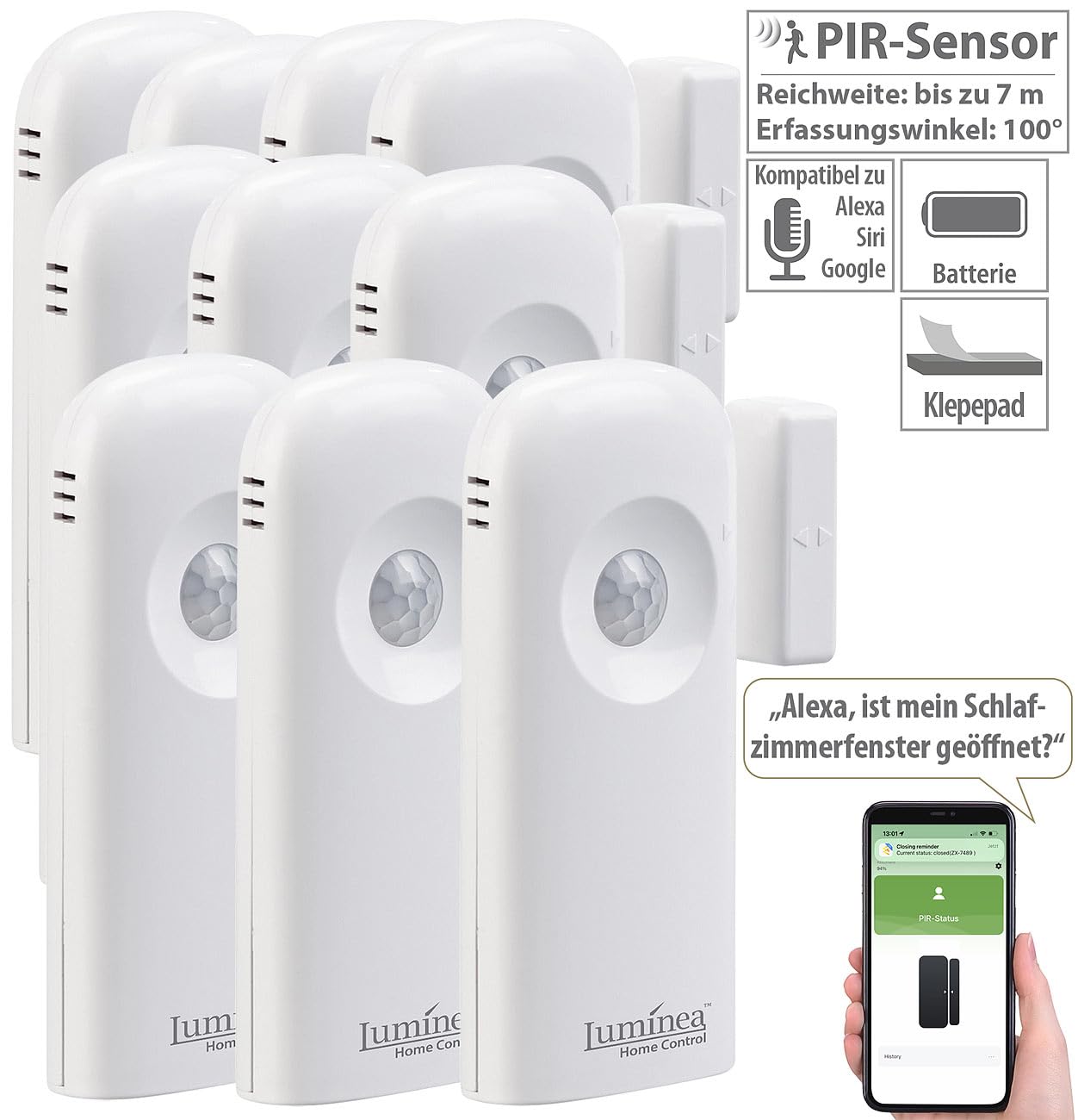 Luminea Home Control Tür-Alarm WiFi: 10er-Set 2in1-WLAN-Tür-/Fenstersensoren und PIR-Sensoren, mit App (Bewegung Melder innen Batterie, Türalarmsensoren)