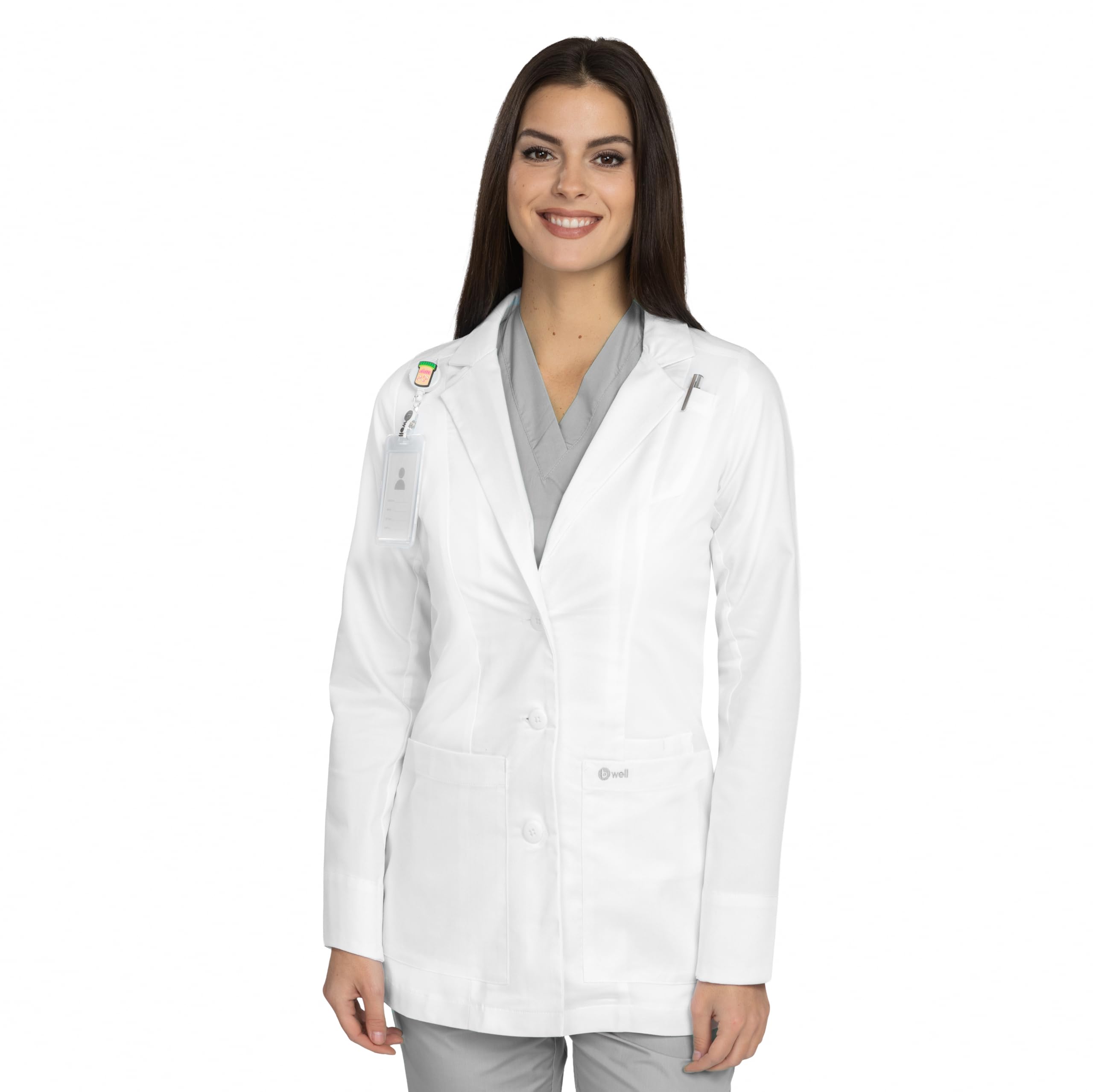 B-well Livia Camice medico corto da donna bianco – Camice da laboratorio medico con collo a risvolto, maniche lunghe, 3 tasche, abbottonatura – Cura & Clinica Abbigliamento da lavoro