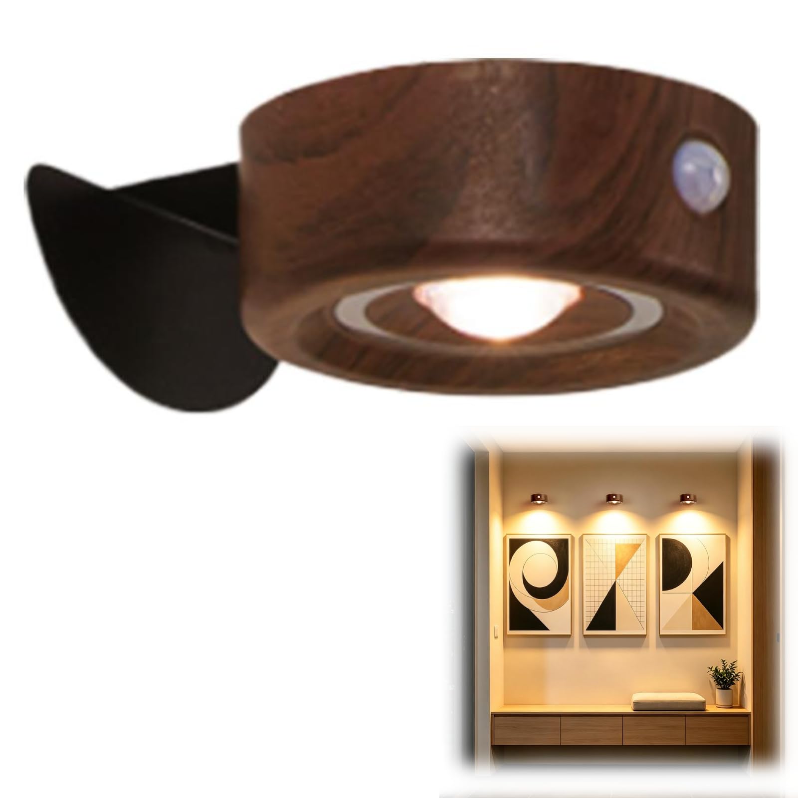 Picture Lights for Wall Spotlight, 800mAh Rechargeable Lights (Walnut Wood)