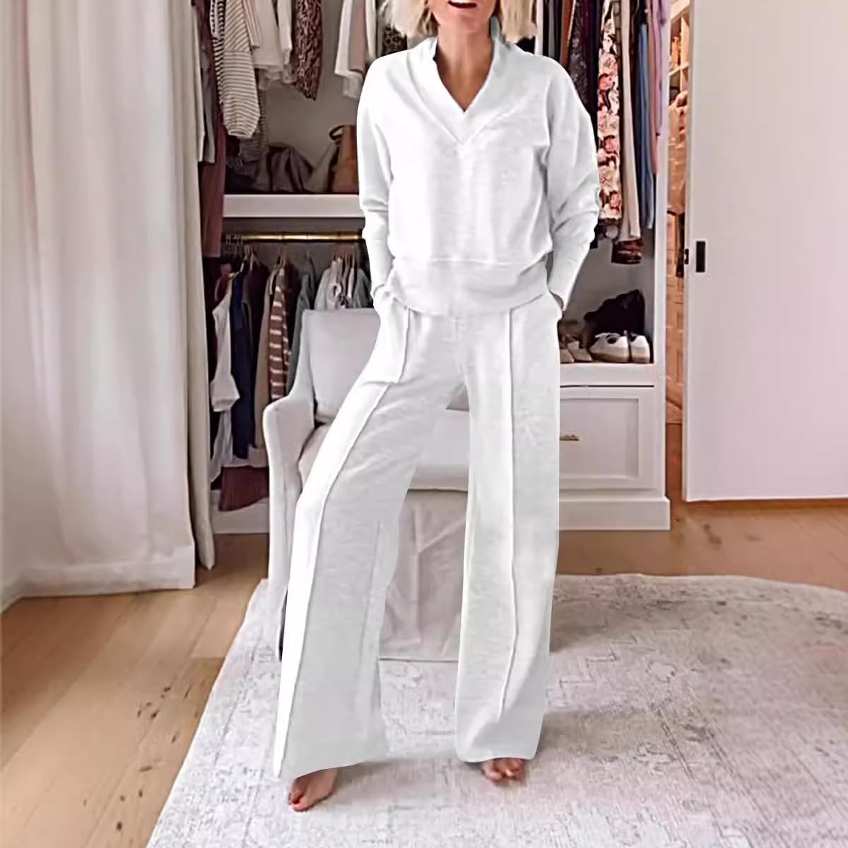 Conjunto de Dos Piezas de Top y pantalón con Escote en V de Color Liso para Mujer, Conjuntos Casuales de Mujer con Pantalones Largos de Pierna Ancha, Conjunto de salón de otoño (S,White)