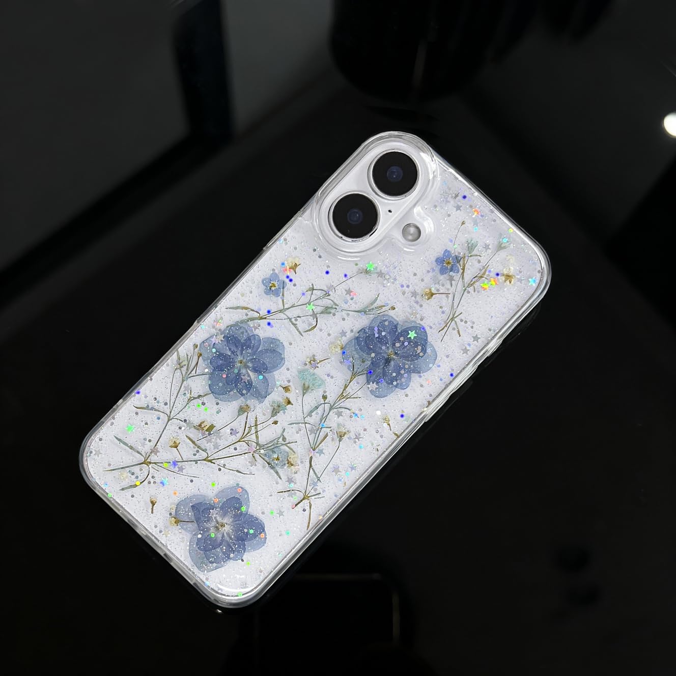 Funda Transparente para iPhone 16 Plus, diseño Floral con Flores Azules y violetas prensadas Reales, Bonito Brillo Brillante, Delgada, Suave, TPU, Transparente, para Mujeres y niñas