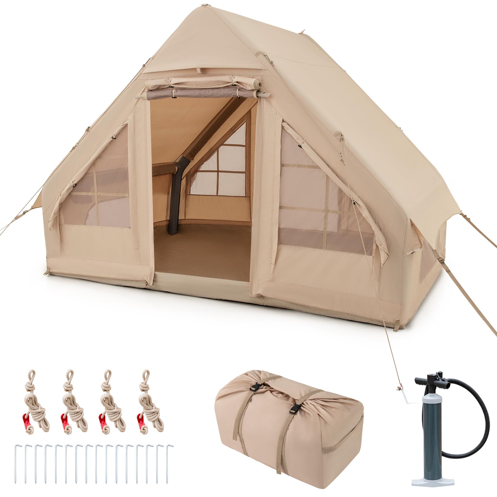 COSTWAY Tente de Camping Gonflable 6 m² pour 4 à 6 Personnes, Tente en Coton Coupe-Vent et Imperméable 4 Saisons avec Pompe 7 Fenêtres à Moustiquaire 2 Portes, Installation Facile, Beige Sports et Loisirs