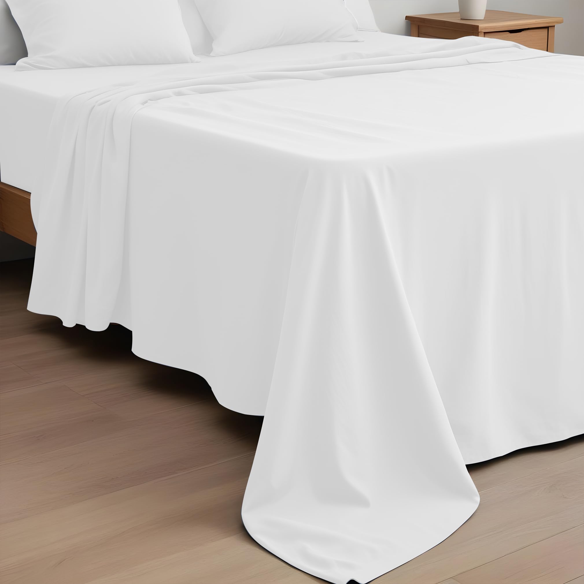 LINENWALAS 100% Cotton Percale Sheet Set Queen Size, Strong Breathable Crisp & Cooling Premium Cotton 4 Piece Sheet Set- 1 Flat, 1 Fitted, & 2 Pillowcases (White/Queen Size)