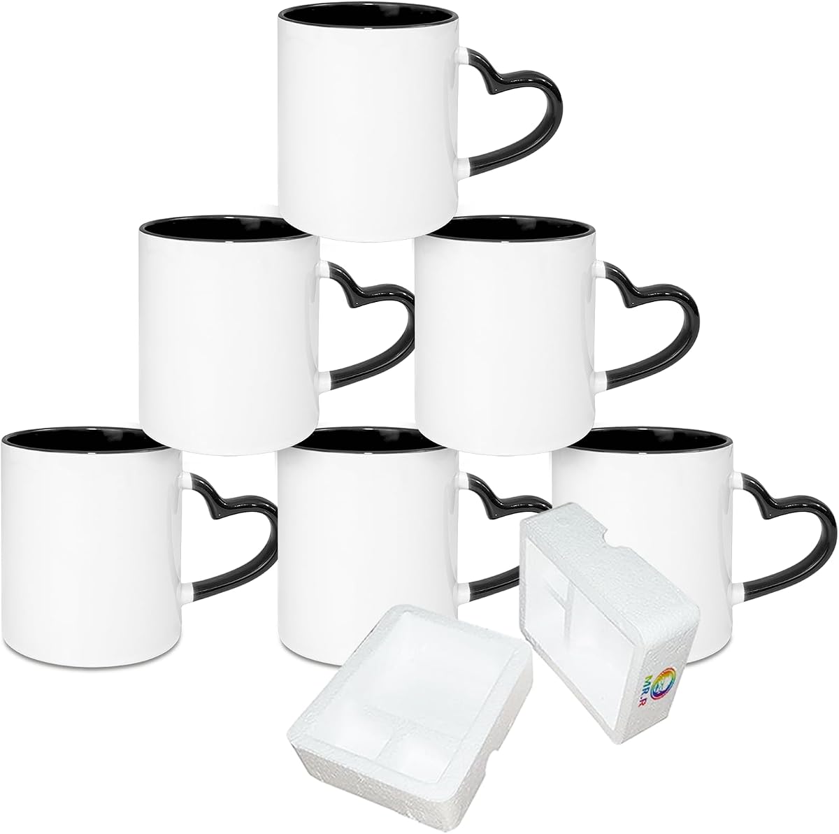 MR.R Sublimation Blank Dishwasher Ceramic Mug,Blank Coated Cup,Sublimation Blank Mugs,Classic Cup with Black Color Inner Mug and Heart Handle,11oz,Set of 6 pcs per Carton