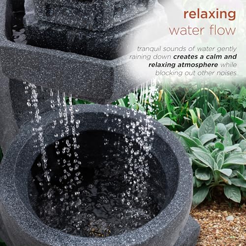 Image of Alpine Corporation DIG370 31 inch Outdoor Zen Pagoda Water Fountain with LED Lights & Illuminated Stone Bowl - Tranquil Garden Water Feature for Relaxation and Ambiance, Gray