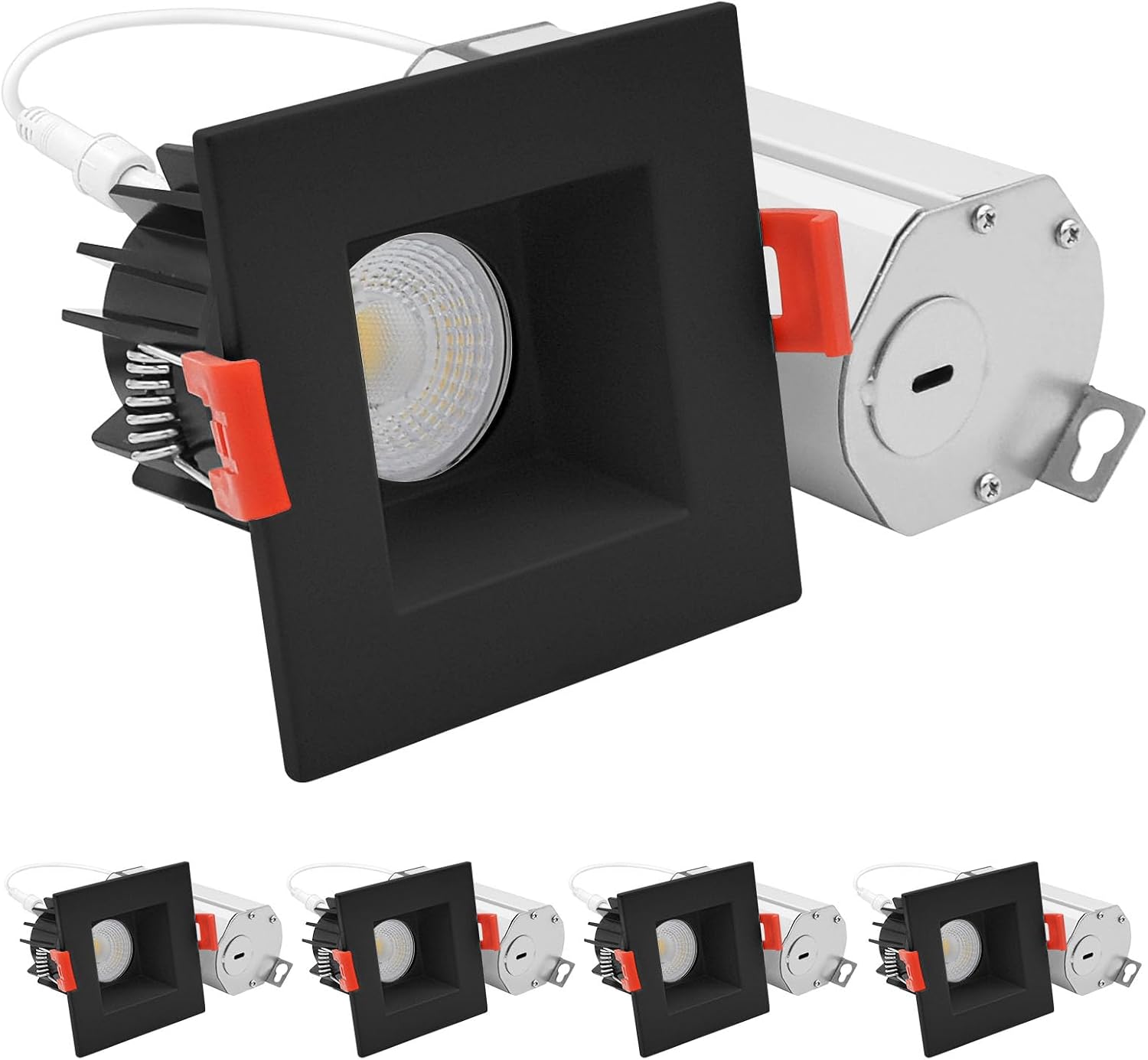 LUXRITE 2 Inch Square LED Recessed Spotlight with Interchangeable Trim, J-Box, 8W, 600 Lumens, 5CCT 2700K-5000K, Downlight, 60°, Dimmable, Twist N’ Lock, CRI 90, Wet Rated, IC Rated, Black (4 Pack)