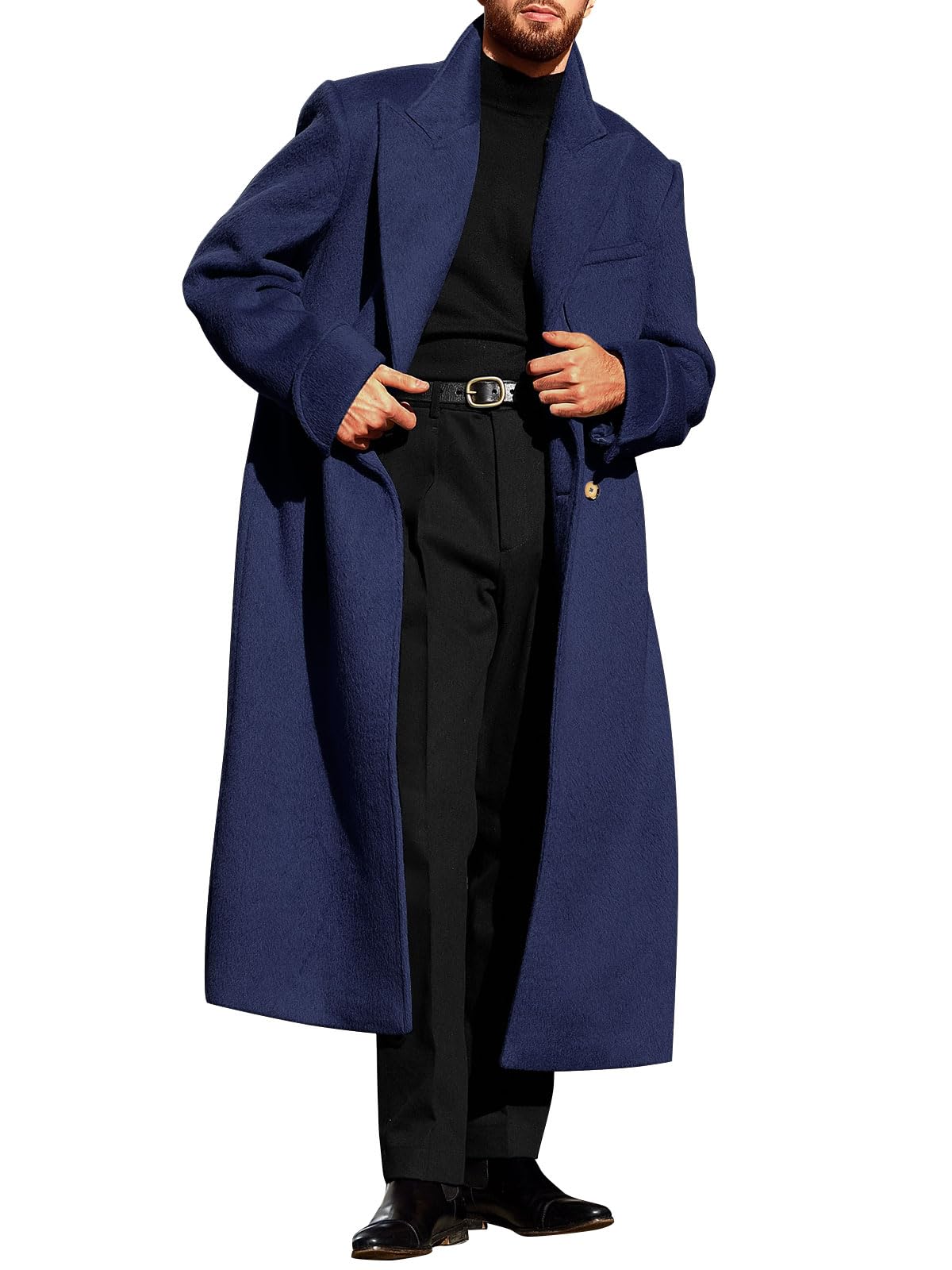 Mens Wool Blend Pea Coat Notched Collar Double Breasted Long Jacket Trench Coats Classic Winter Overcoat-image-20