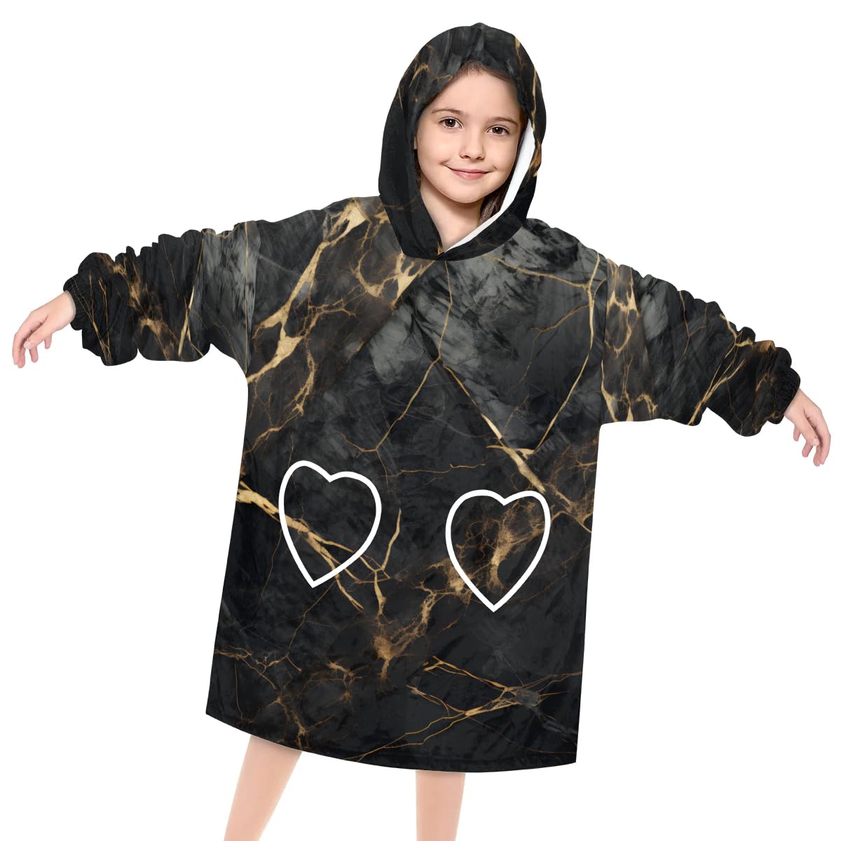 Pardick Wearable Blanket Hoodie for Kids, Black Gold Marble Fleece Sweatshirt Blanket Oversized Blanket Sweatshirt with Pocket Flannel Warm Hooded Blanket 6-10 Year Old Girl Boy Gift, One Size