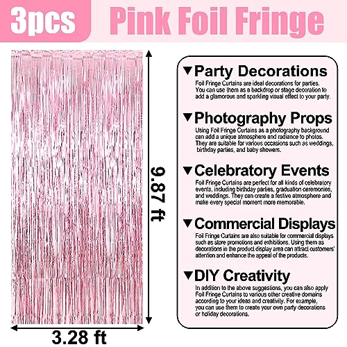 Image of 3 Pack Pink Foil Fringe Curtain Backdrop, 3.28Ft x 9.8Ft Metallic Tinsel Foil Fringe Streamer Curtains for Photo Booth, Christmas Day, Thanksgiving, Wedding, New Year Party Decorations
