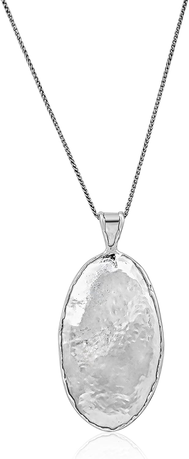 JEAN RACHEL JEWELRY 925 Sterling Silver Necklace - Hammered Oval Pendant Vintage Necklace for Women, Hypoallergenic, Lead & Nickel Free Jewelry Collection
