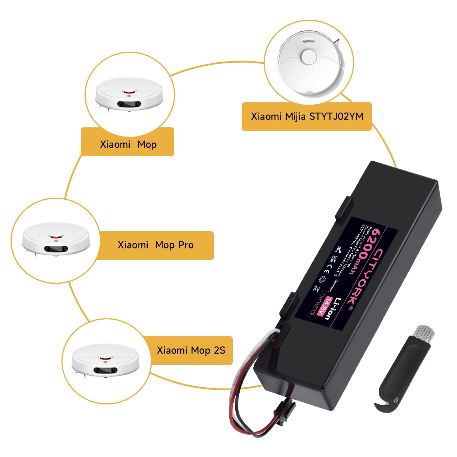 CITYORK 6200mAh 14,4V Batería de Repuesto para Xiaomi Mop 2S / Mop P/Mop Pro, Batería Compatible con Xiaomi Mijia STYTJ02YM / XMSTJQR2S Aspiradora Robot Batería